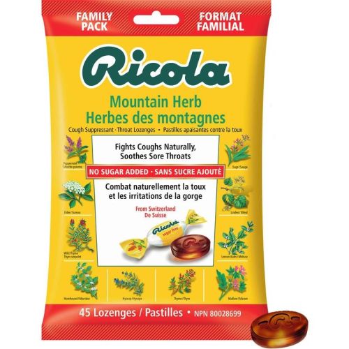 Ricola Mountain Herb No Sugar Added Family Bag Cough Suppressant Throat Lozenges, 45's